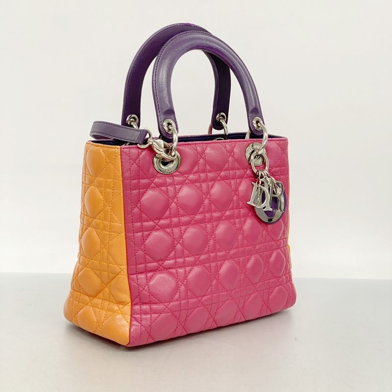 Christian Dior Handbag Cannage Lady Dior Leather Purple Pink Orange Silver