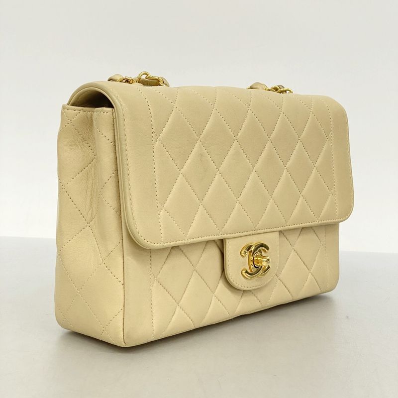Chanel Shoulder Bag Matelasse Lambskin Beige Gold Hardware Women's