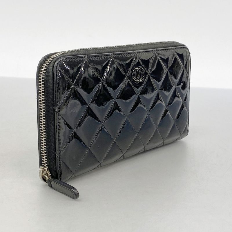 Chanel Long Wallet Matelasse Patent Leather Black Silver Hardware Women's