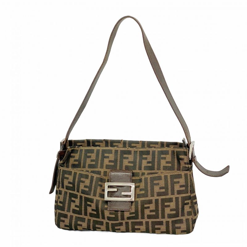 Fendi Handbag Zucca Nylon Canvas Brown Silver Hardware Women