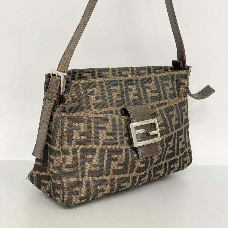 Fendi Handbag Zucca Nylon Canvas Brown Silver Hardware Women