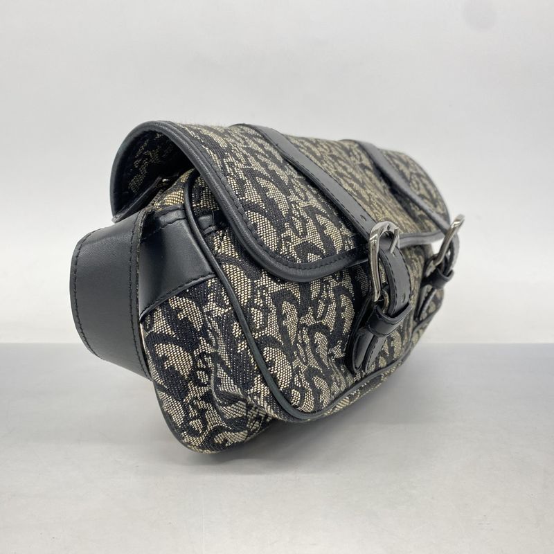 Christian Dior Shoulder Bag Trotter Canvas Black Silver Hardware Women's