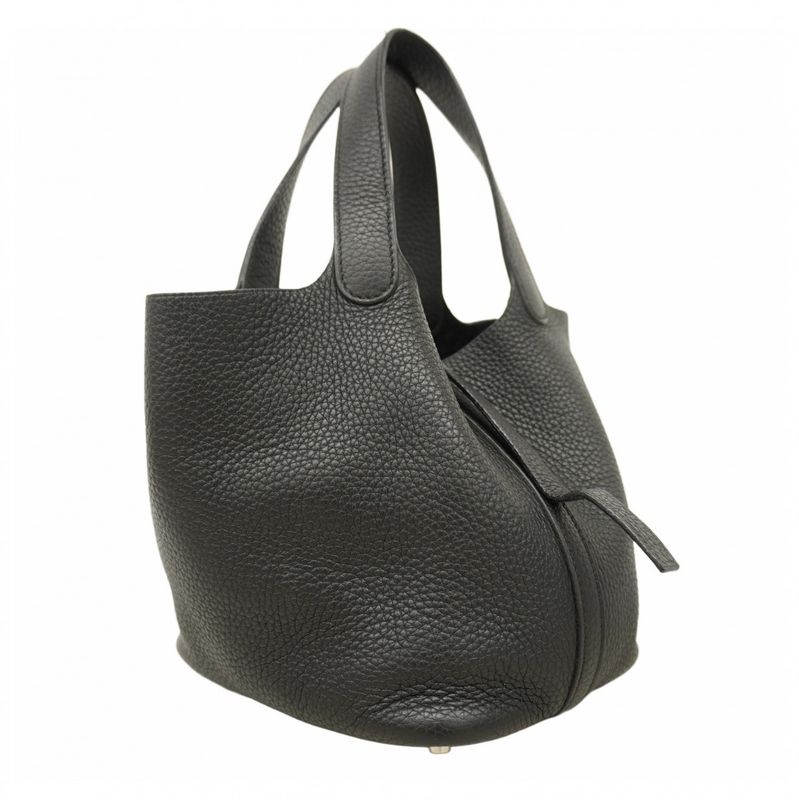 Hermes Handbag Picotin PM Taurillon Clemence Black Silver Hardware □J Engraved