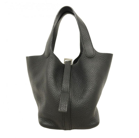 Hermes Handbag Picotin PM Taurillon Clemence Black Silver Hardware □J Engraved