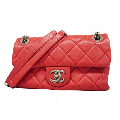 Chanel Shoulder Bag Mini Matelasse Leather Red Silver Hardware Women's