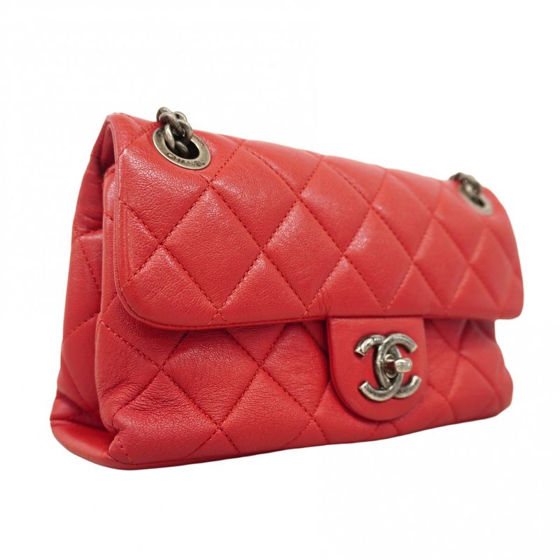 Chanel Shoulder Bag Mini Matelasse Leather Red Silver Hardware Women's
