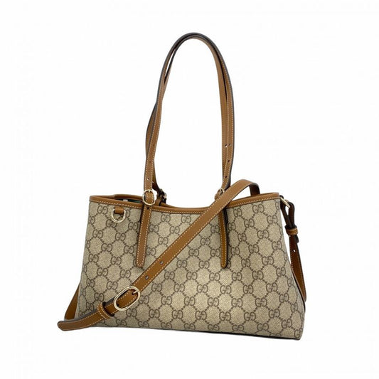 Gucci Handbag GG Supreme 815214 PVC Beige Brown Chien Pan Gold Hardware 2way