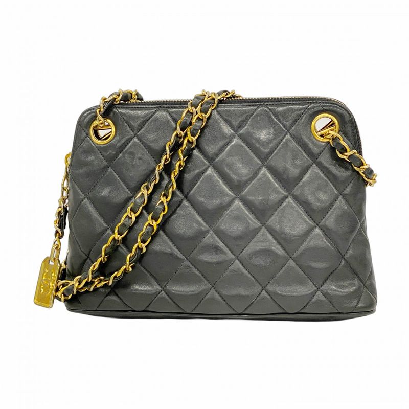 Chanel Shoulder Bag Matelasse Lambskin Black Gold Hardware Women