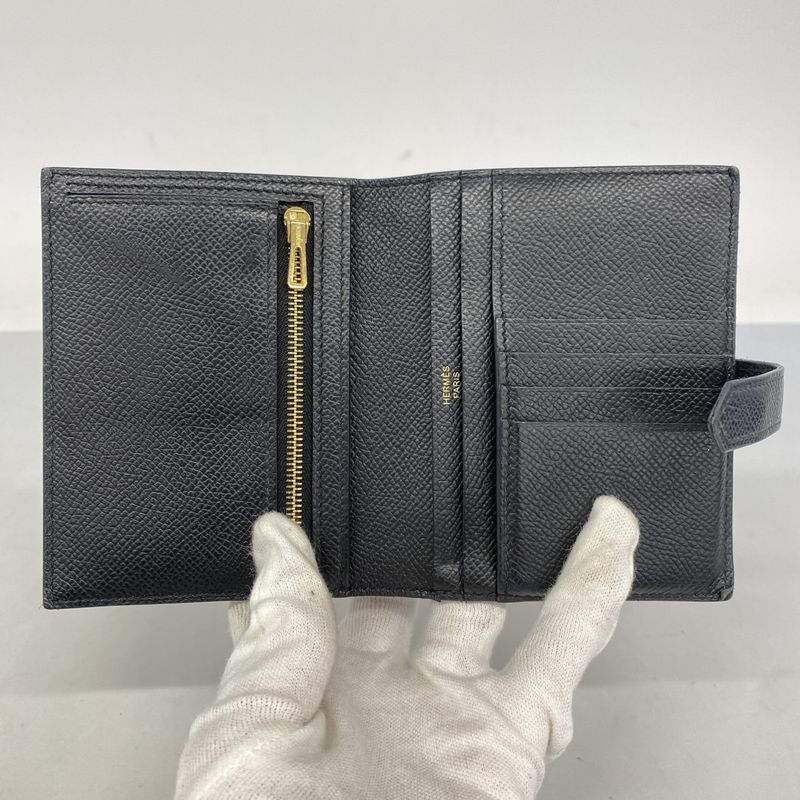 Hermes Wallet Bearn Compact Vaux Epson Black Gold Hardware D Engraved Ladies