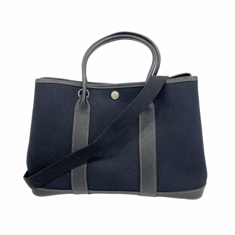 Hermes Tote Bag Garden Party TPM Toile Officier Black Silver Hardware □H