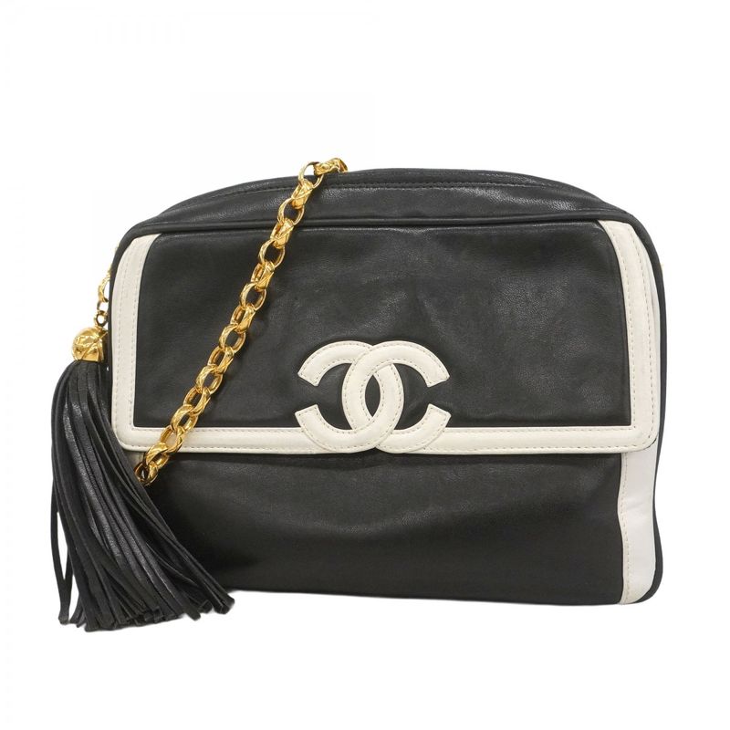 Chanel Shoulder Bag Lambskin Black White Gold Hardware Women's