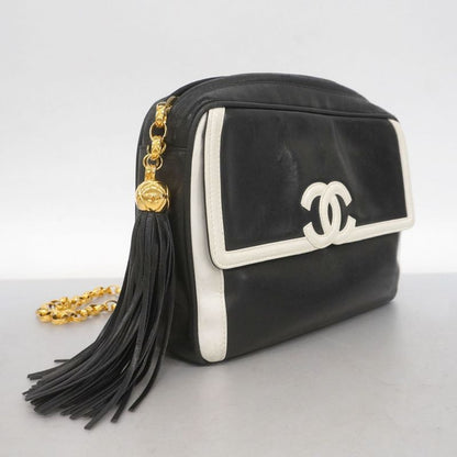 Chanel Shoulder Bag Lambskin Black White Gold Hardware Women's
