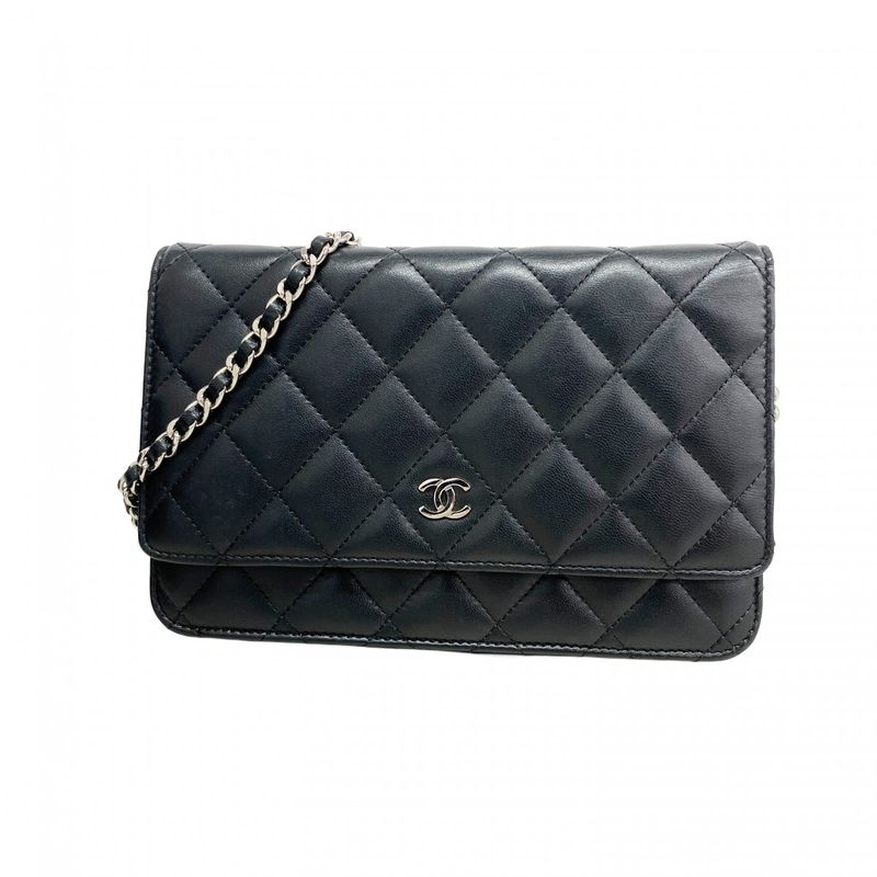 Chanel Shoulder Wallet Matelasse Lambskin Black Silver Hardware Women's