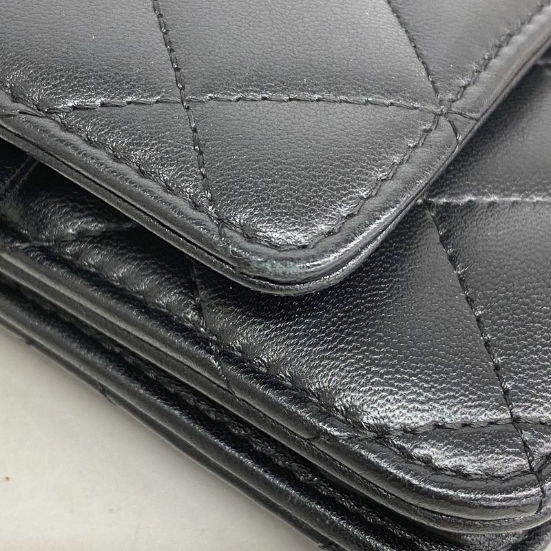 Chanel Shoulder Wallet Matelasse Lambskin Black Silver Hardware Women's