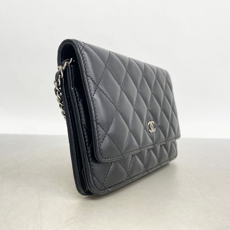 Chanel Shoulder Wallet Matelasse Lambskin Black Silver Hardware Women's