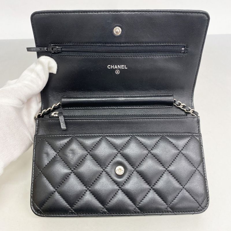 Chanel Shoulder Wallet Matelasse Lambskin Black Silver Hardware Women's
