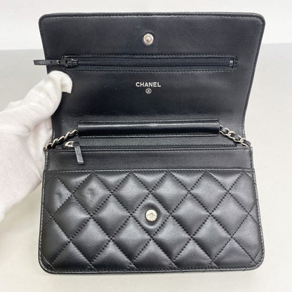 Chanel Shoulder Wallet Matelasse Lambskin Black Silver Hardware Women's