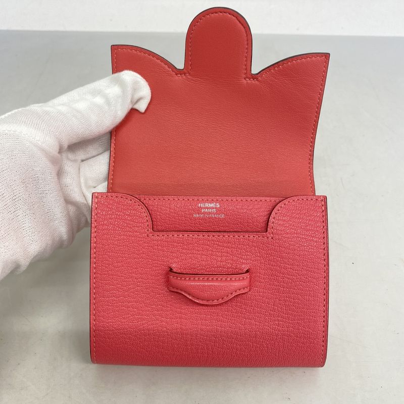 Hermes Wallet Portfolio Chevre Misor Rose Silver Hardware D Engraved Ladies