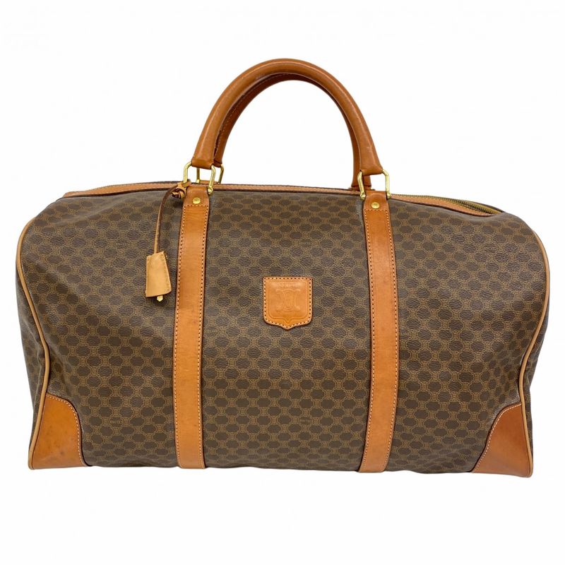 Celine Boston Bag Macadam PVC Brown Gold Hardware Women's