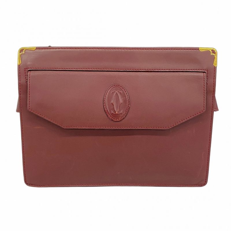Cartier Clutch Bag Must Leather Bordeaux Gold Hardware Men Women Unisex