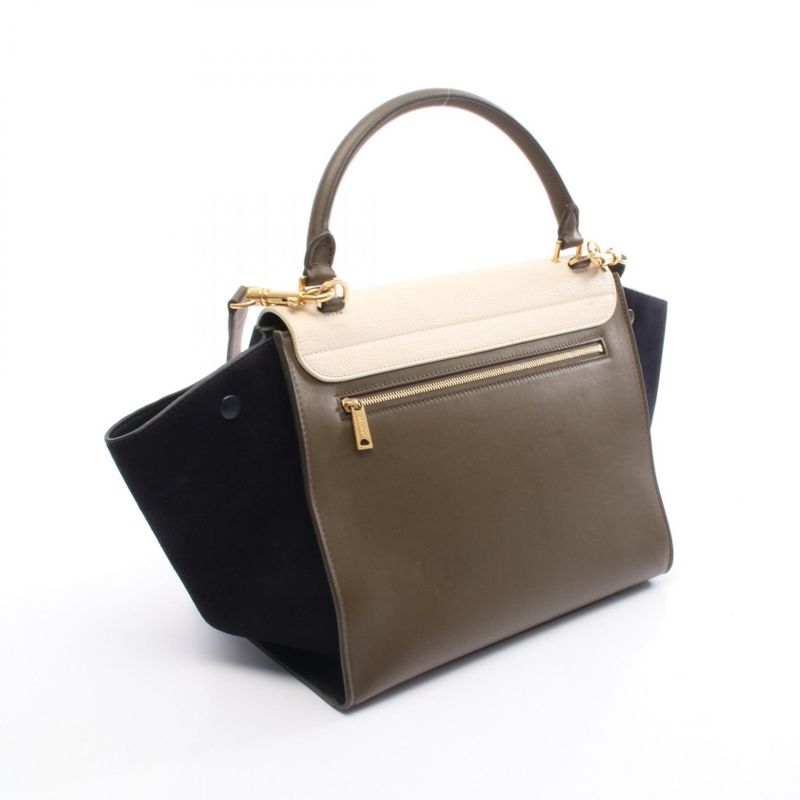 Celine Handbag Trapeze Medium Khaki Black Ivory Leather Suede Trapeze Medium