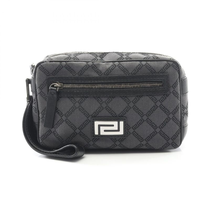 Versace Second Bag Clutch Bag Black Canvas Leather Logo Second Bag Men's Used B