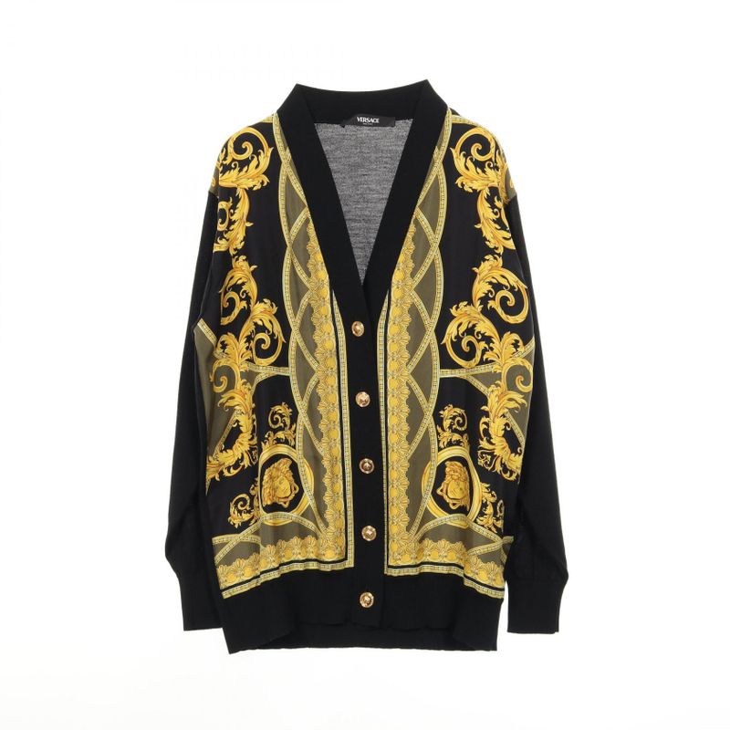 Versace Cardigan Medusa Button Black Yellow Wool Silk Cardigan Ladies Used A