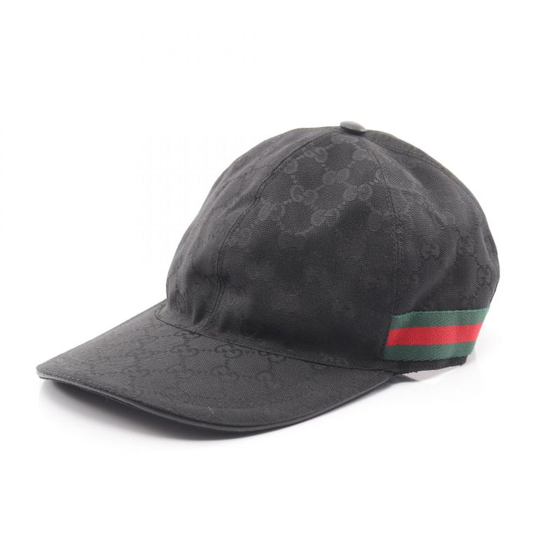 Gucci Cap GG Canvas Webline Black Canvas Leather Cap Unisex Used A