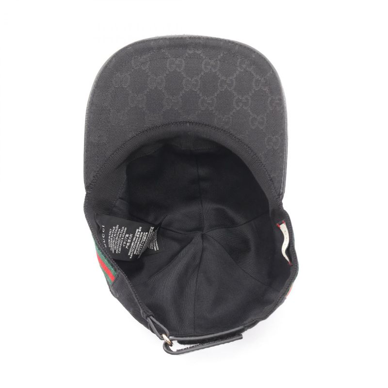 Gucci Cap GG Canvas Webline Black Canvas Leather Cap Unisex Used A