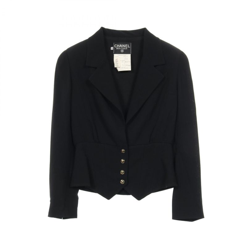 Chanel Coco Mark Button P03702 Black Wool Nylon Jacket Women's Used B