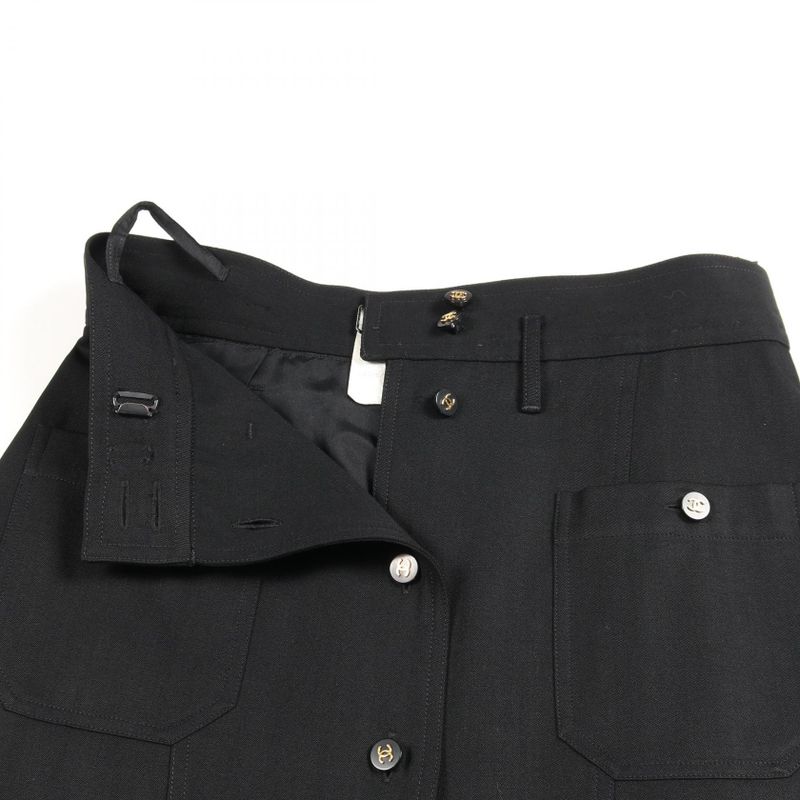 Chanel Skirt Coco Mark Button P04919 Black Wool Skirt Women's Used A