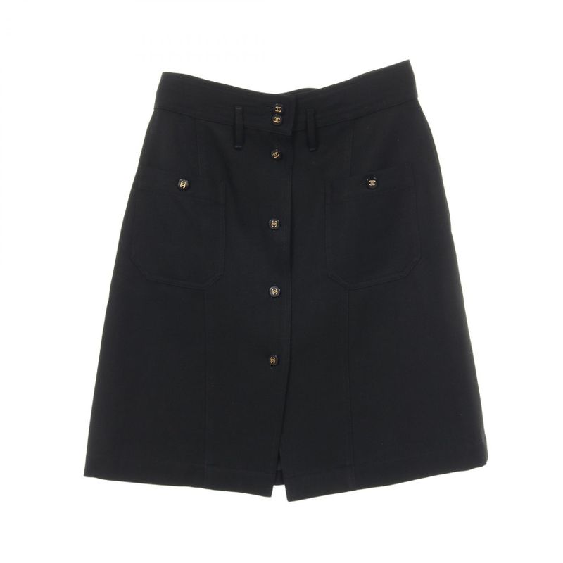 Chanel Skirt Coco Mark Button P04919 Black Wool Skirt Women's Used A