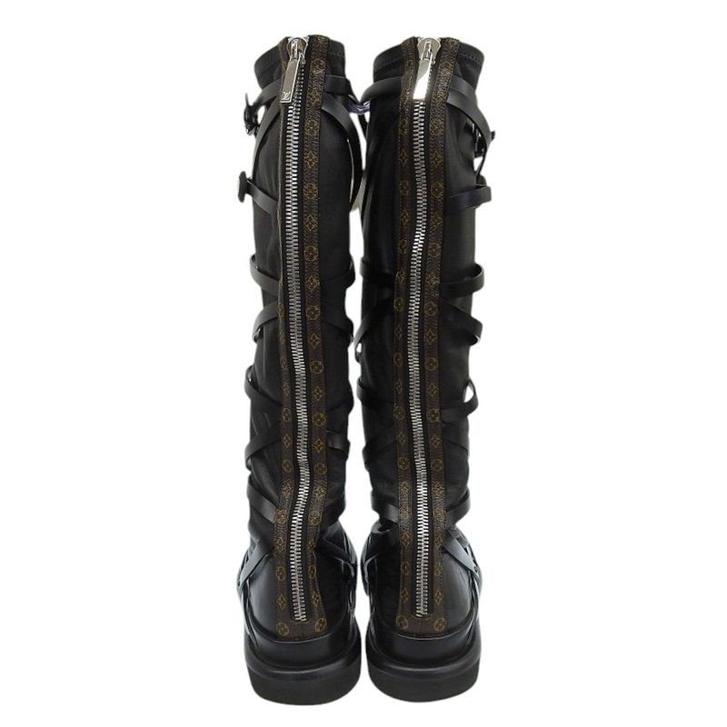 Louis Vuitton Leather Square Pillow Line Long Boots Shoes Women's Black 36 0271