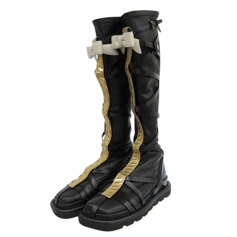 Louis Vuitton Leather Square Pillow Line Long Boots Shoes Women's Black 36 0271