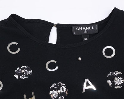 Chanel P70789v61962 Camellia & Icon Pearl Silk T-shirt Cut And Sewn 34