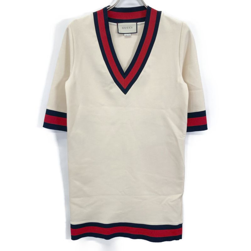 Gucci 470315 Ivory Web V-neck Stretch Viscous Dress S