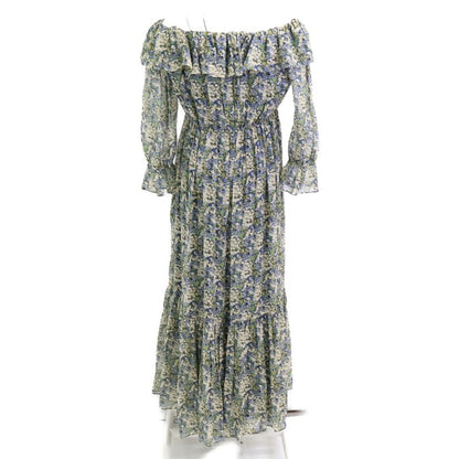 Celine [ ]2r618179j Flower Print Silk Off Shoulder Maxi Dress 36