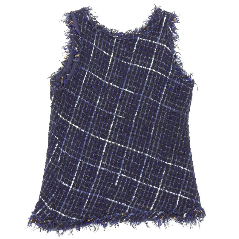Chanel Tweed Sleeveless Tops Women's Navy 34 P55936 V42198 34