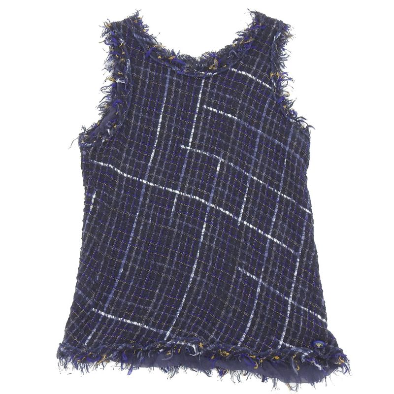 Chanel Tweed Sleeveless Tops Women's Navy 34 P55936 V42198 34