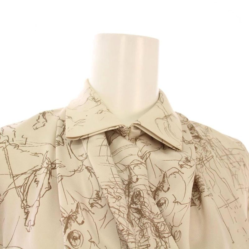 Hermes Satin Shirt Blouse Long Sleeve Allover Pattern Silk 34 Beige KH