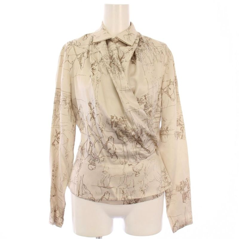 Hermes Satin Shirt Blouse Long Sleeve Allover Pattern Silk 34 Beige KH