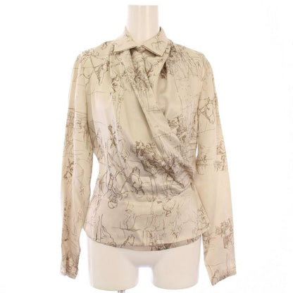 Hermes Satin Shirt Blouse Long Sleeve Allover Pattern Silk 34 Beige KH