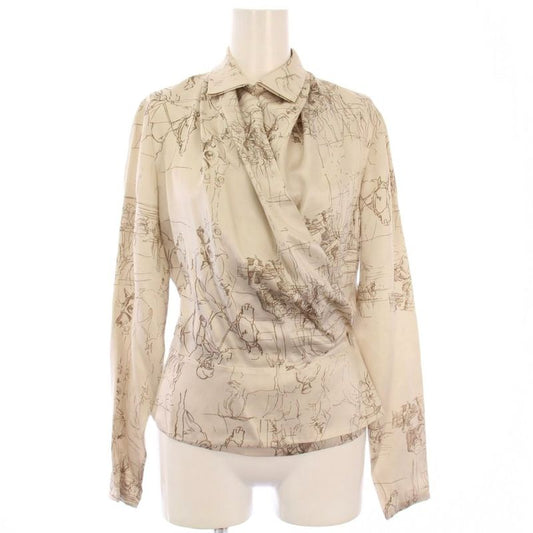 Hermes Satin Shirt Blouse Long Sleeve Allover Pattern Silk 34 Beige KH