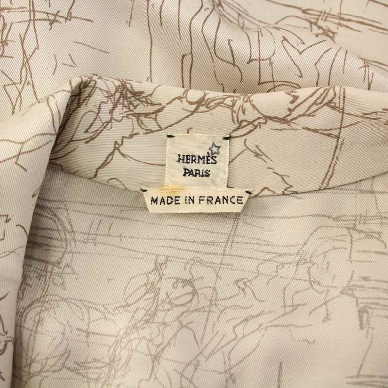 Hermes Satin Shirt Blouse Long Sleeve Allover Pattern Silk 34 Beige KH