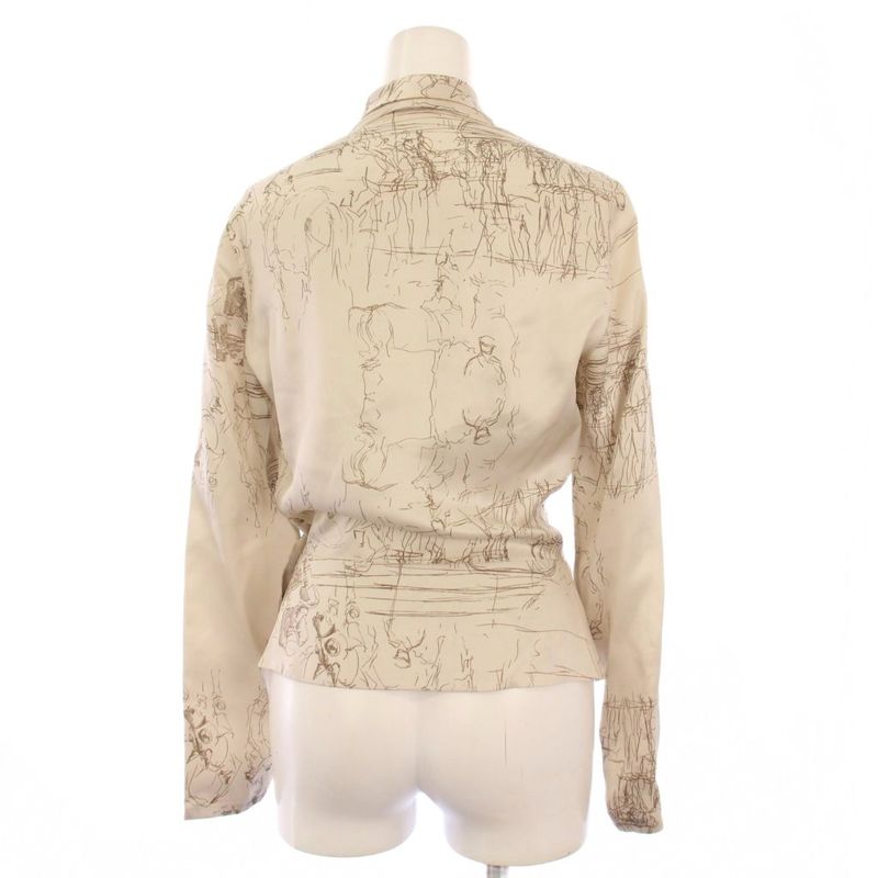 Hermes Satin Shirt Blouse Long Sleeve Allover Pattern Silk 34 Beige KH