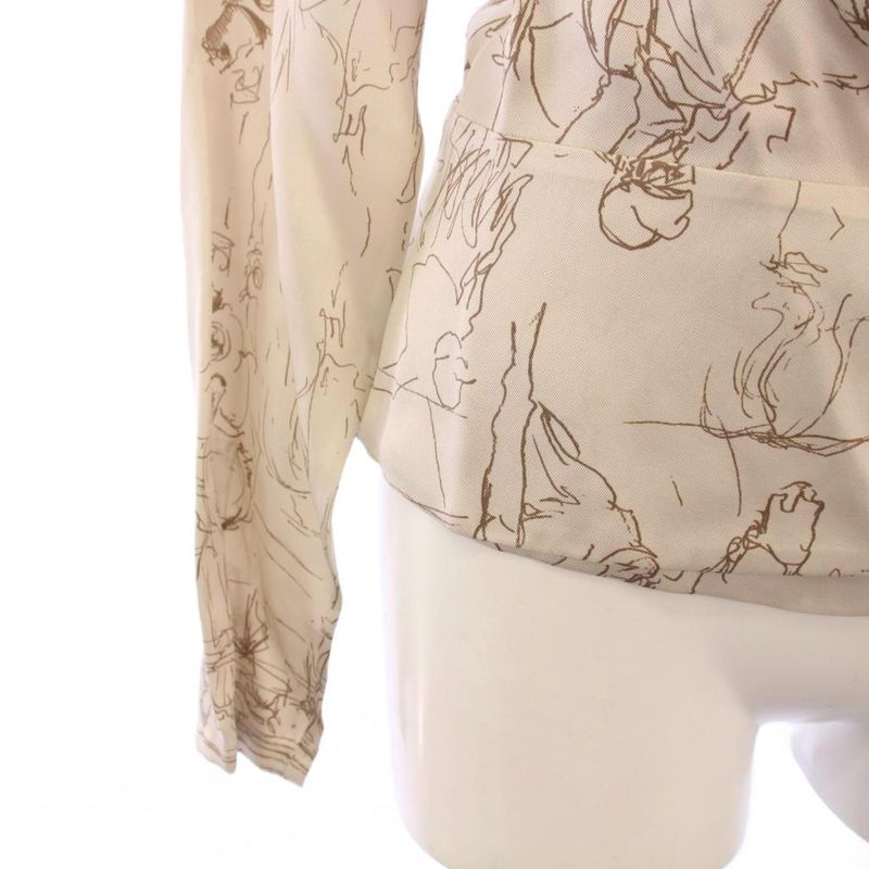 Hermes Satin Shirt Blouse Long Sleeve Allover Pattern Silk 34 Beige KH