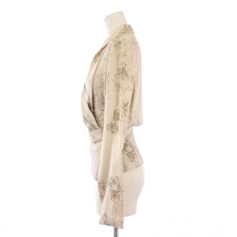 Hermes Satin Shirt Blouse Long Sleeve Allover Pattern Silk 34 Beige KH