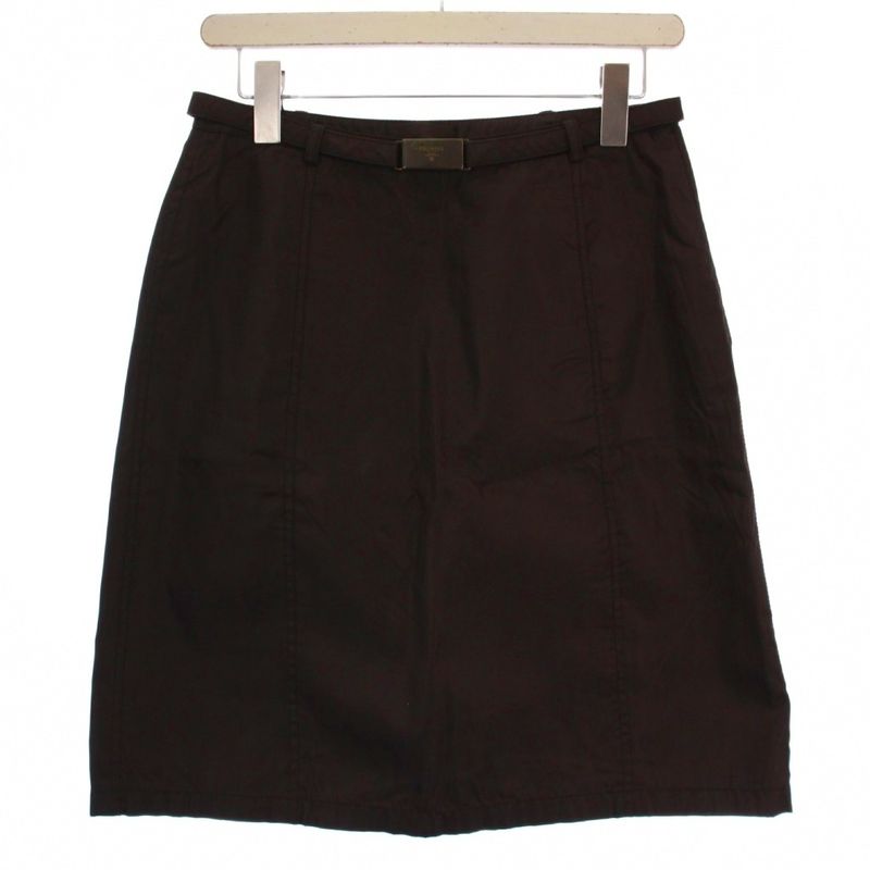 Prada Trapezoid Skirt Knee Length With Belt Nylon M Brown BM