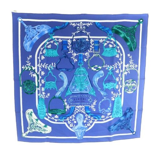 Hermes 20SS Kare90 Etriers Armor Remix Silk Scarf Multicolor Navy White SS • OS