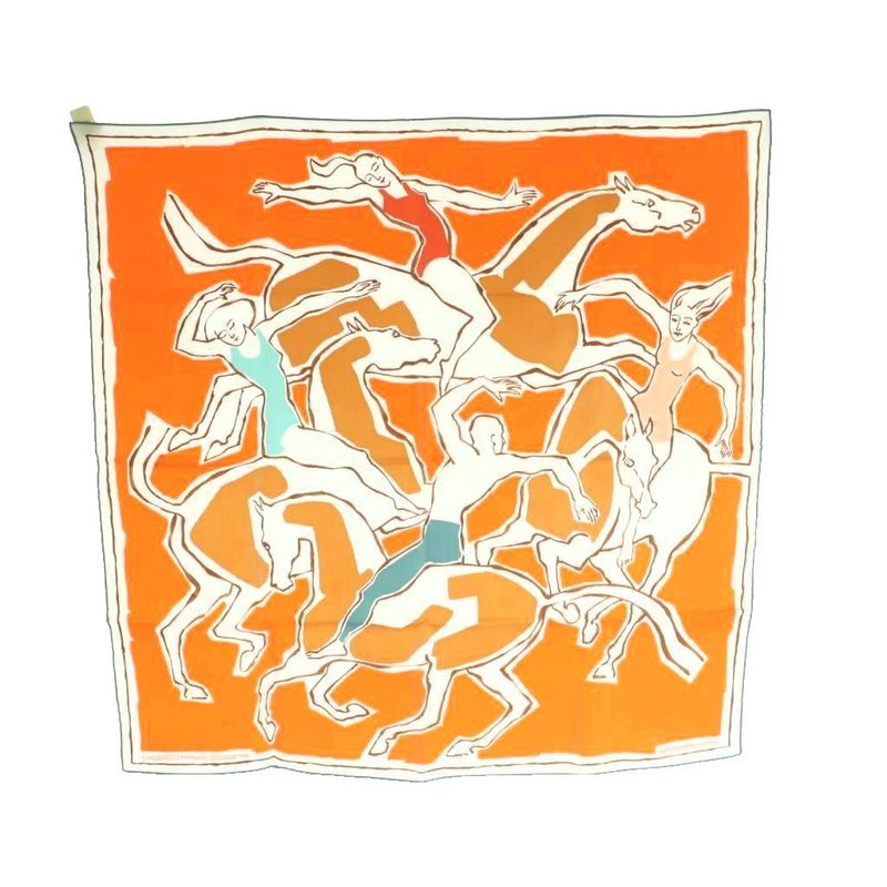 Hermes KARE 70 Chore Graphie Equestre Silk Scarf Multicolor Orange White SS • OS